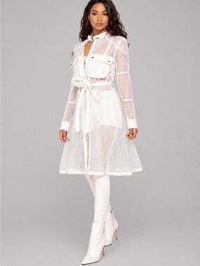 CQbyCQ Women’s White Mesh Jacket Dress with Belted Waist and Cargo-Style Pockets